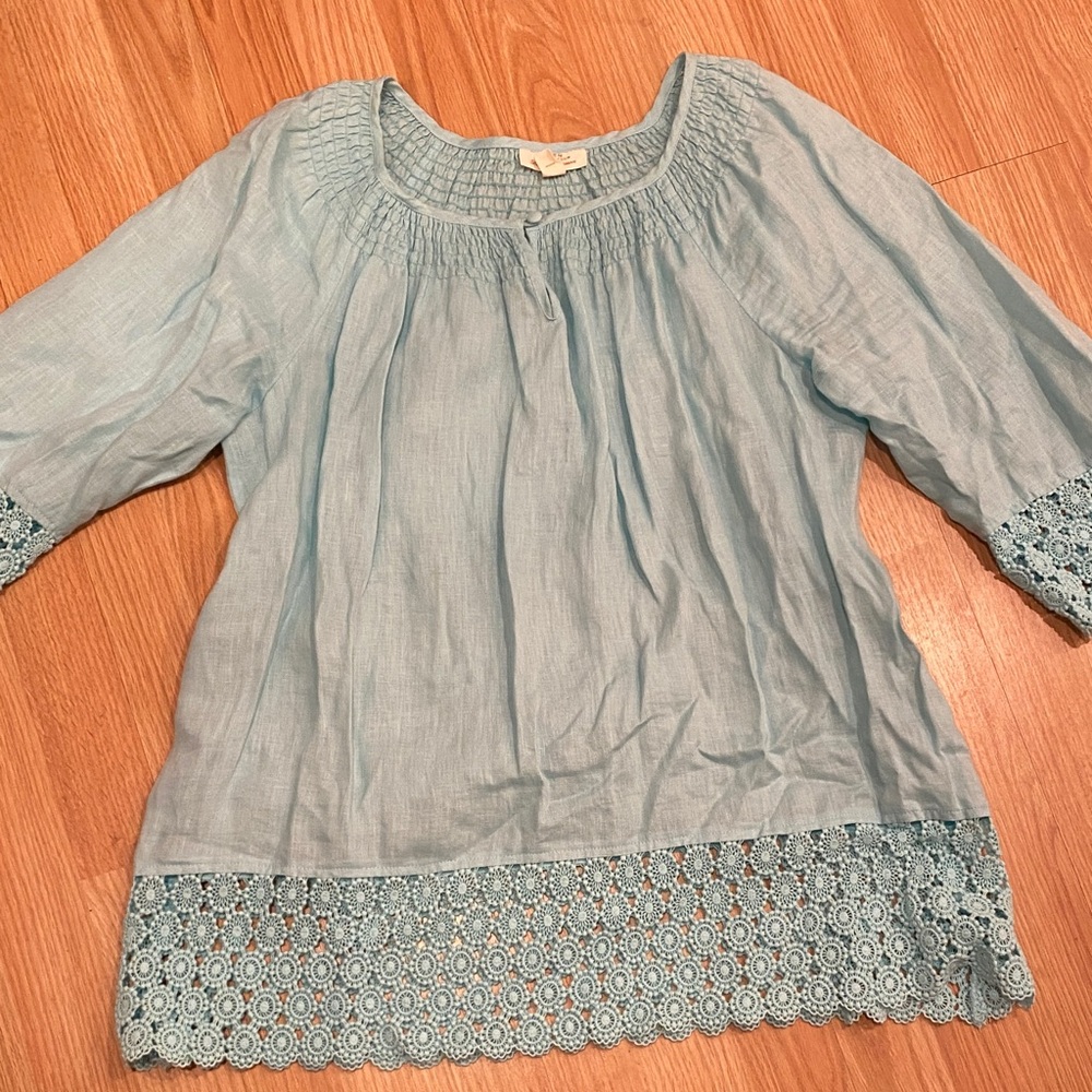 Preowned Charter Club linen Light Blue Blouse with Lace trim 1 X. Excellent